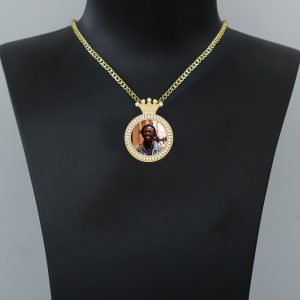 crystal crown iced out sparkling photo engraved locket memory colored print pendant nameplate photo necklace