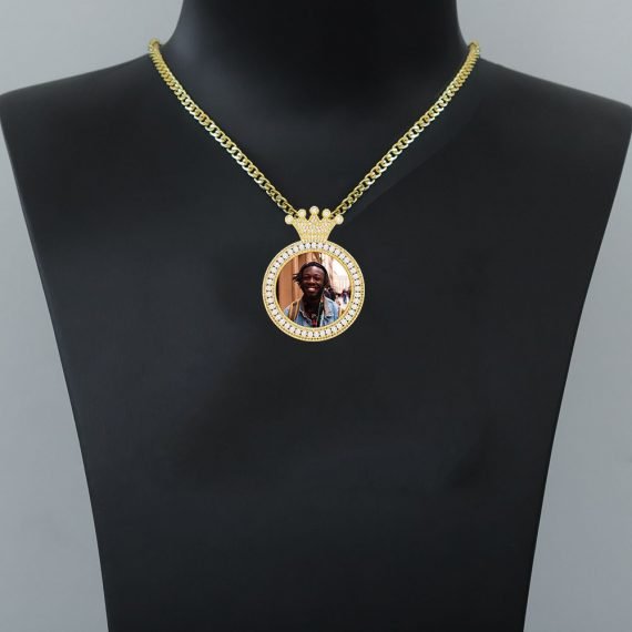 crystal crown iced out sparkling photo engraved locket memory colored print pendant nameplate photo necklace