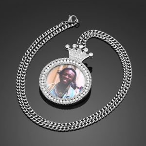 photo engraved iced out crystal hip hop jewelry photo memory necklace african american necklace namplate design