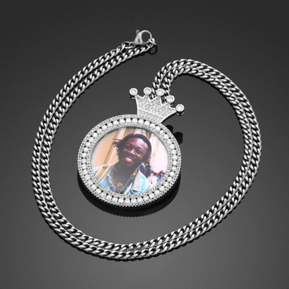 photo engraved iced out crystal hip hop jewelry photo memory necklace african american necklace namplate design