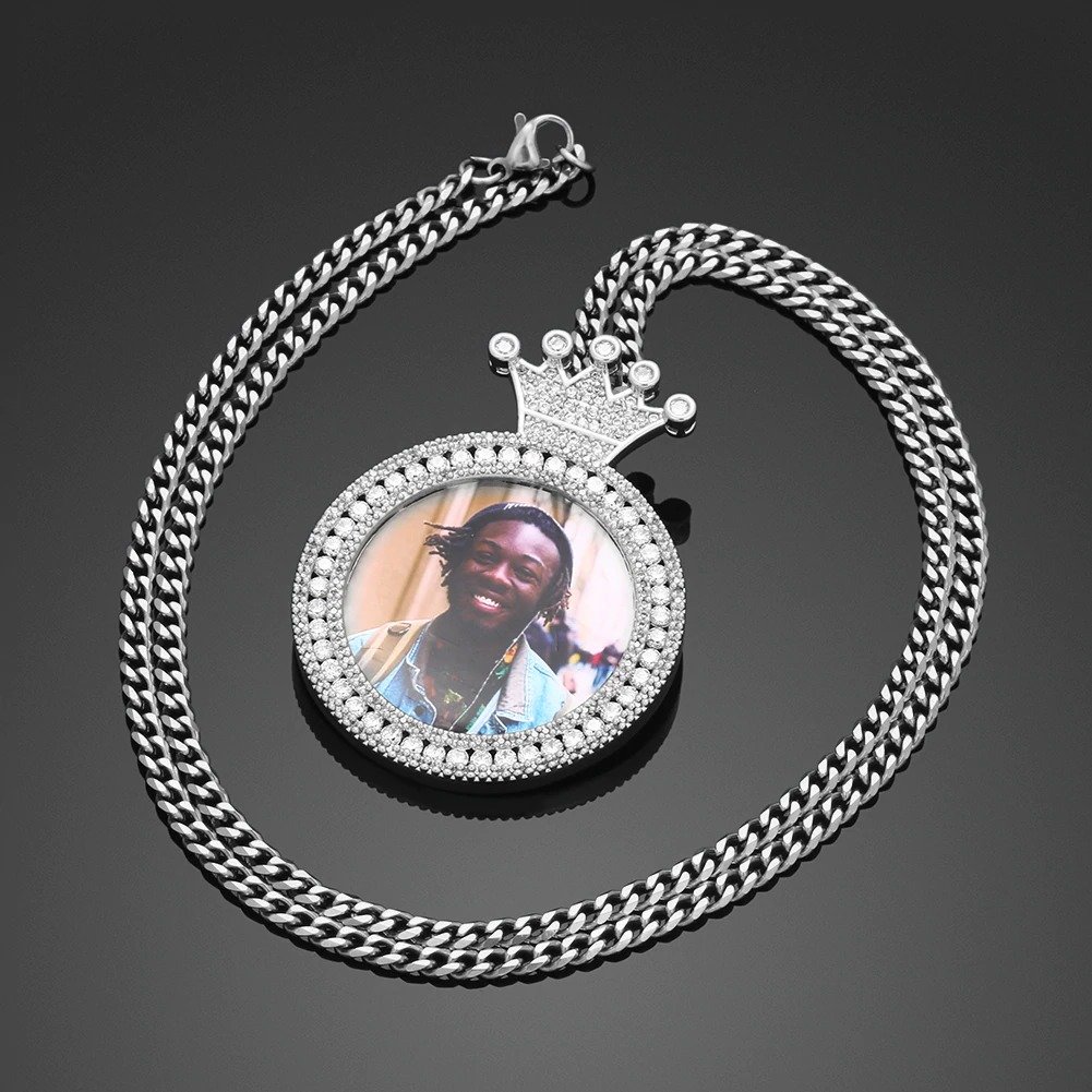photo engraved iced out crystal hip hop jewelry photo memory necklace african american necklace namplate design