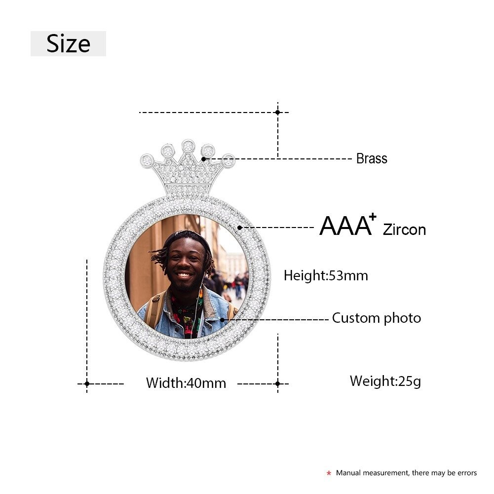size of the nameplate iced out crown photo necklace