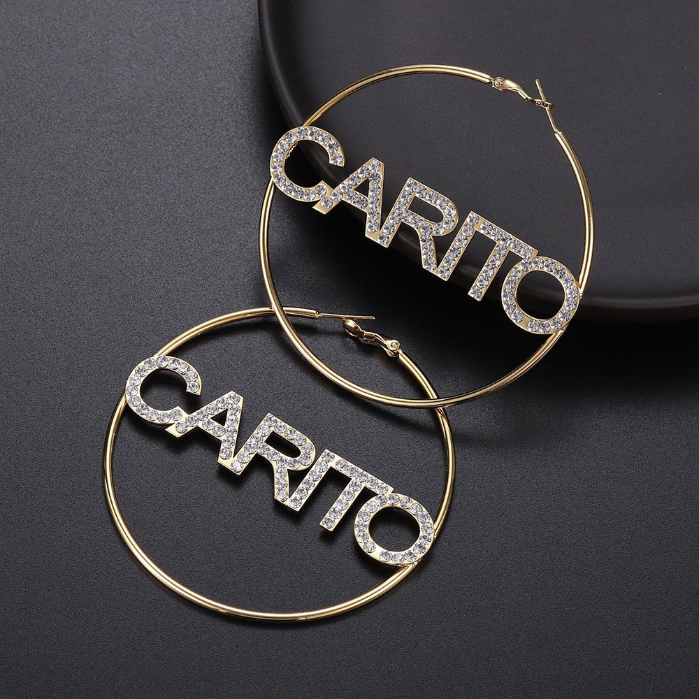 custom crystal sparkling bling name hoop drop round circle earrings for trendy women