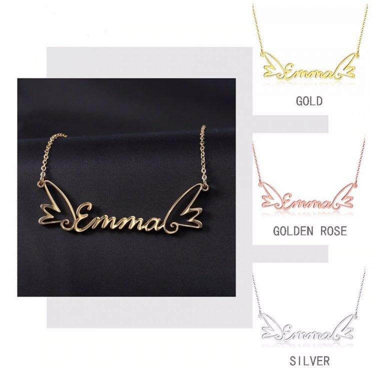 My Name And Two Angel Wings Beautiful Name Necklace Cursive Font Stylish Casual Wear Jewelry Women's Name Necklaces