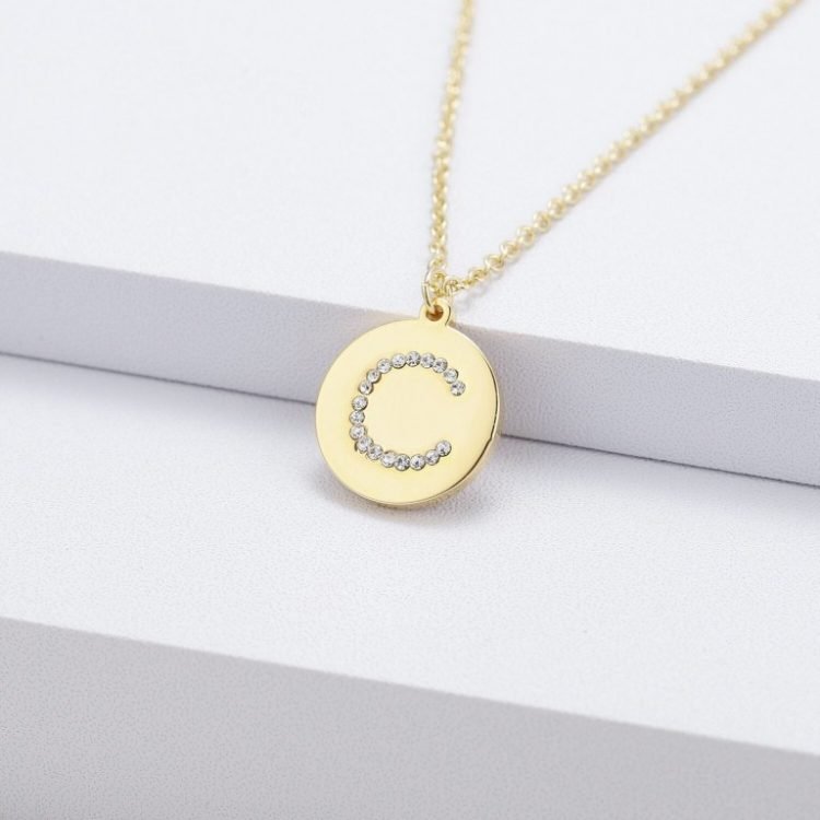 Crystal Single Letter English Initial Necklace Round Pendant