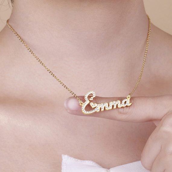 cute hearts font simple minimalist bling crystal name necklace