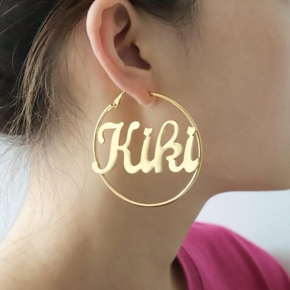 50mm Personalized Custom Women Cursive Namplate Hoop Circle Earrings