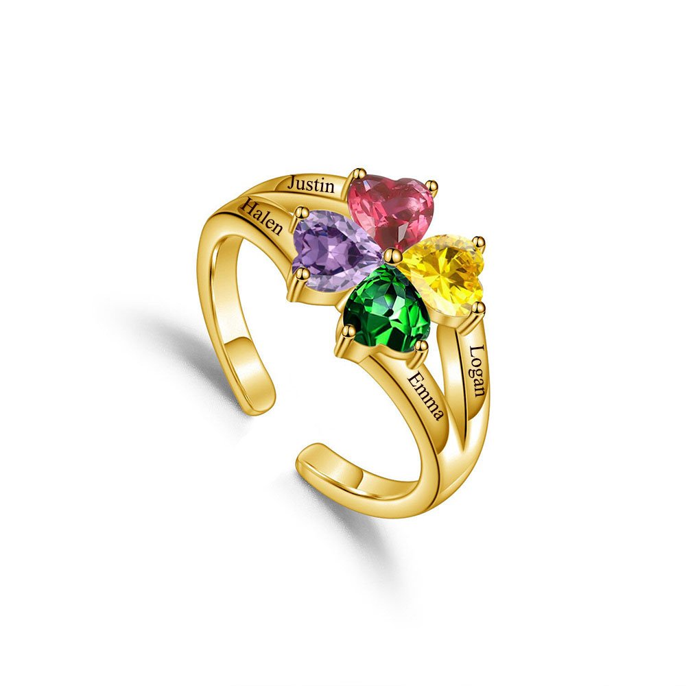 Gold beautiful custom name ring for mom grandma engraved four 4 love heart shaped birthstones ring