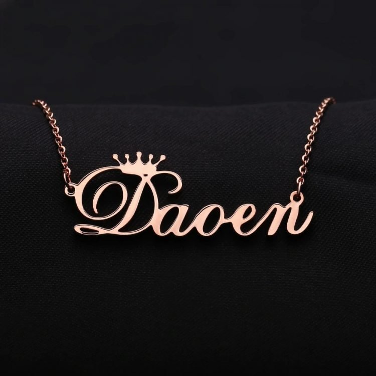 personalized crown name necklace with cable chain link chain