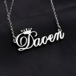 silver color crown name necklace for women