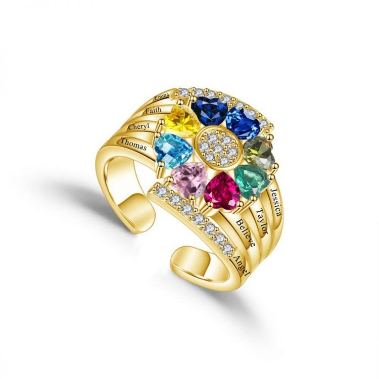 Custom eight heart birthstone rings for mom family ring gold custom letter engraved 8 name ring engraving rings family bond Beautiful