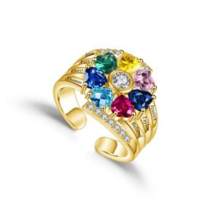 Gold color seven birthstone name ring engrave 7 names anniversary ring family gift for mother father mom dad granma granpa