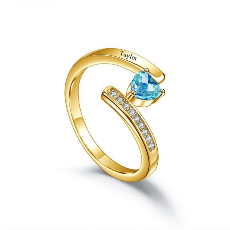 Gold engraved heart shaped birthstone sparkling ring jewelry