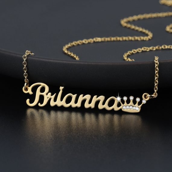 Gold name necklace with crown pendant jewelry
