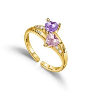 Personalized-gold engraved name copper ring for women customized couple heart birthstones wedding ring