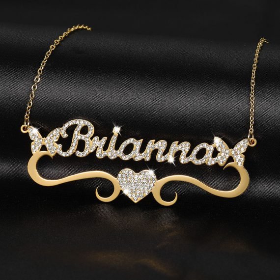 Personalized heart iced out name necklace butterfly pendants for women bling name jewelry iced out initial
