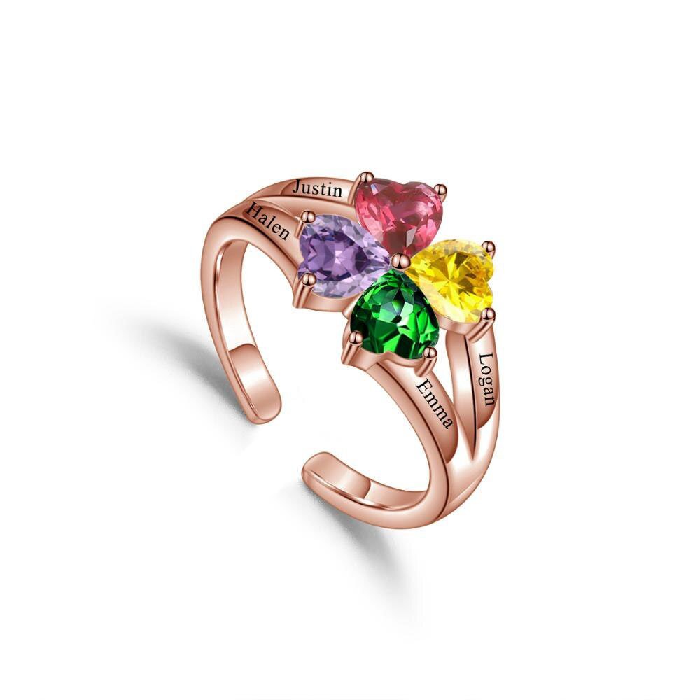 Rose gold beautiful personalized engraved name ring for mother grandma engraved four 4 love heart shaped birthstones mothersday christmas ring