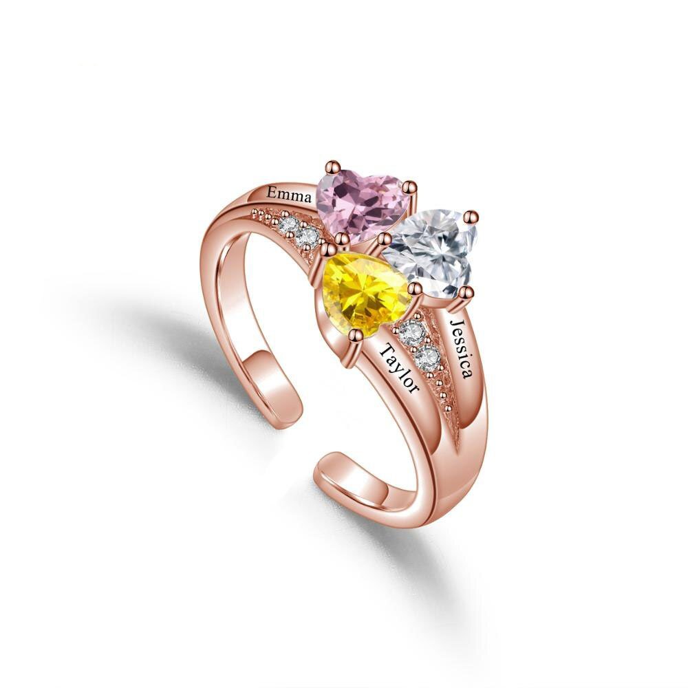 Rose gold engraved name ring with heart birthstones crystal birthstones customized ring