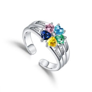 Silver custom heart birthstone rings for women custom name engraved printed family gift for her birthday christmas mothersday
