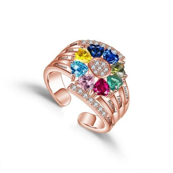 beautiful custom printed engraved 8 eight birthstone names rose gold ring for mother daugther grandma for birthday or any special occations