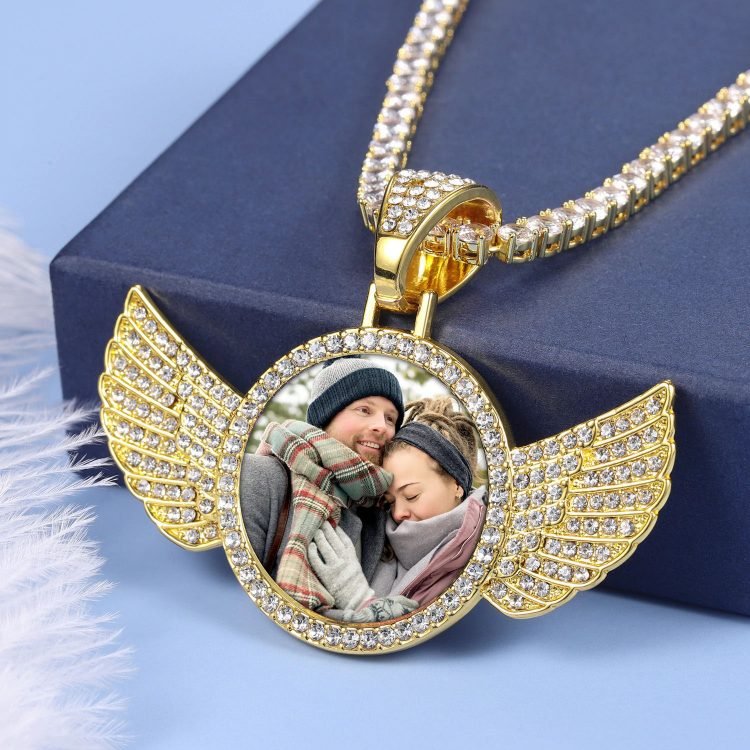 angel wings iced out memory photo necklace