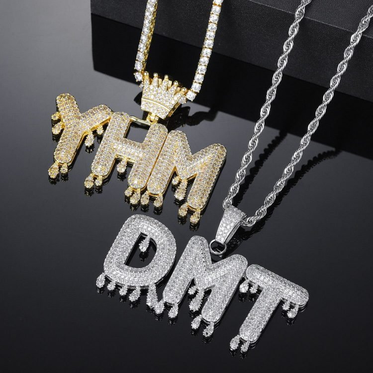 crown name iced out letter necklace with drip bubble letters