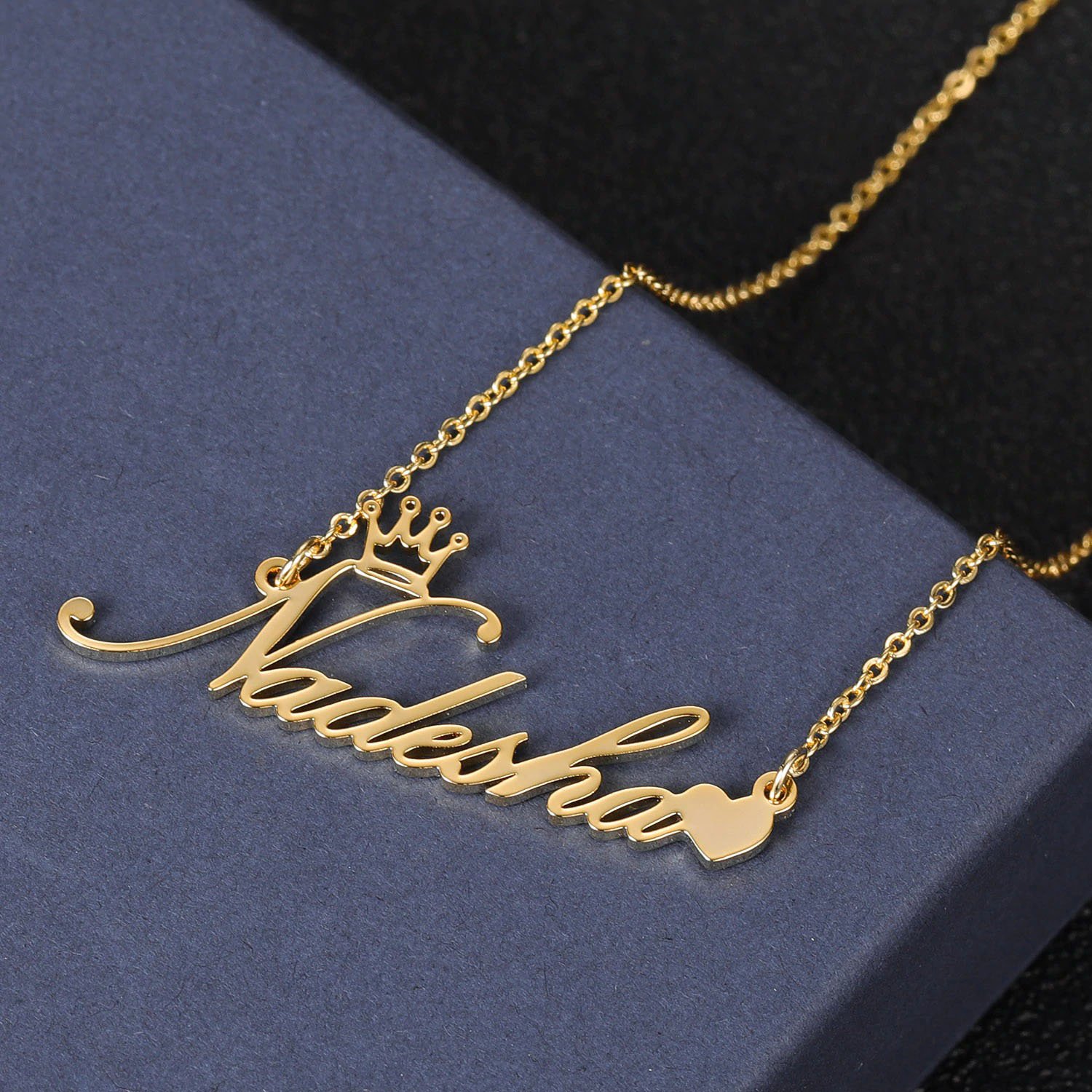 crown symbol love heart name necklace in gold color