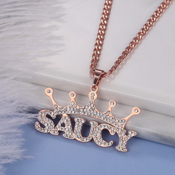 hip hop style personalized custom name necklace for women with the name saucy in rose gold color