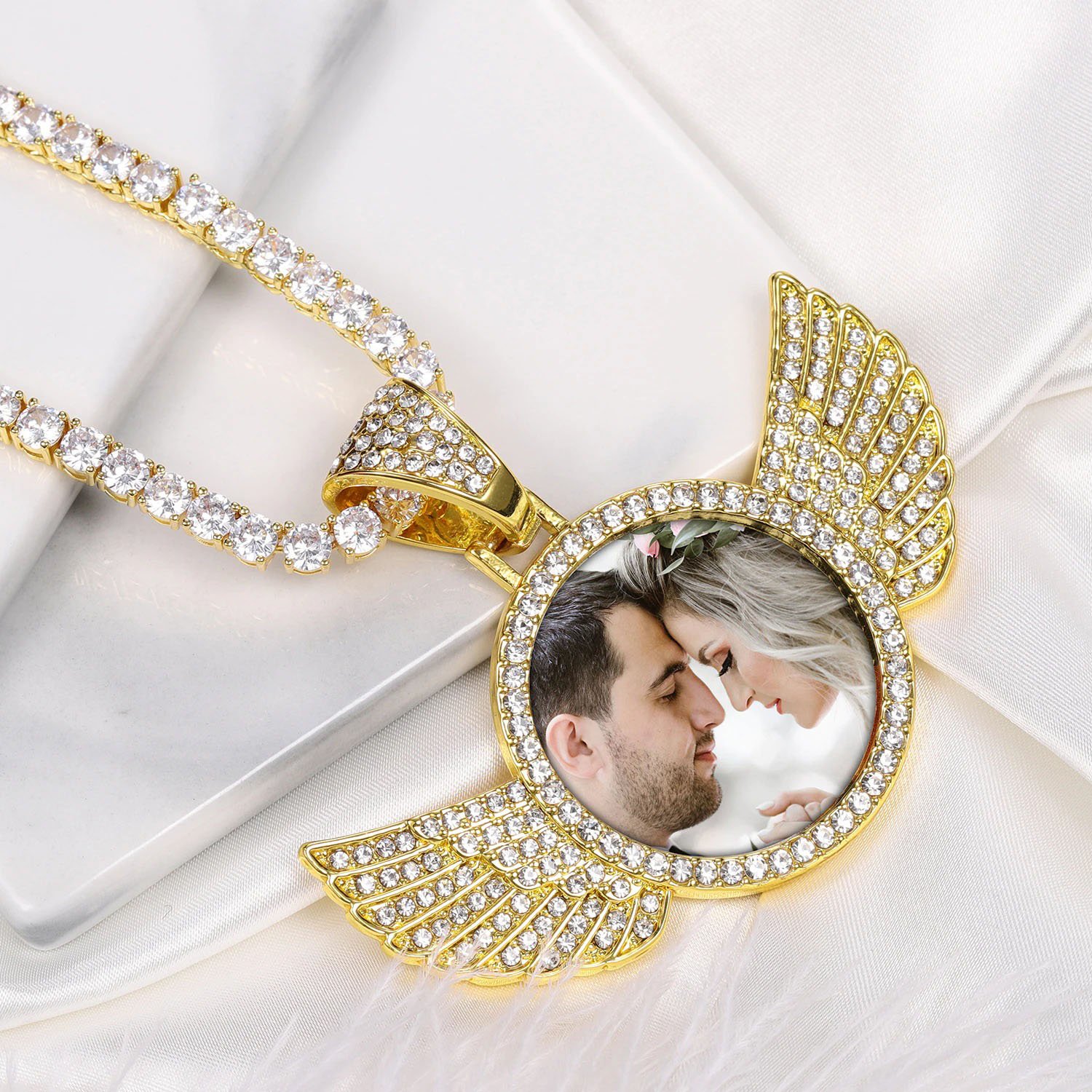 iced out angel wings sparkling custom photo necklace