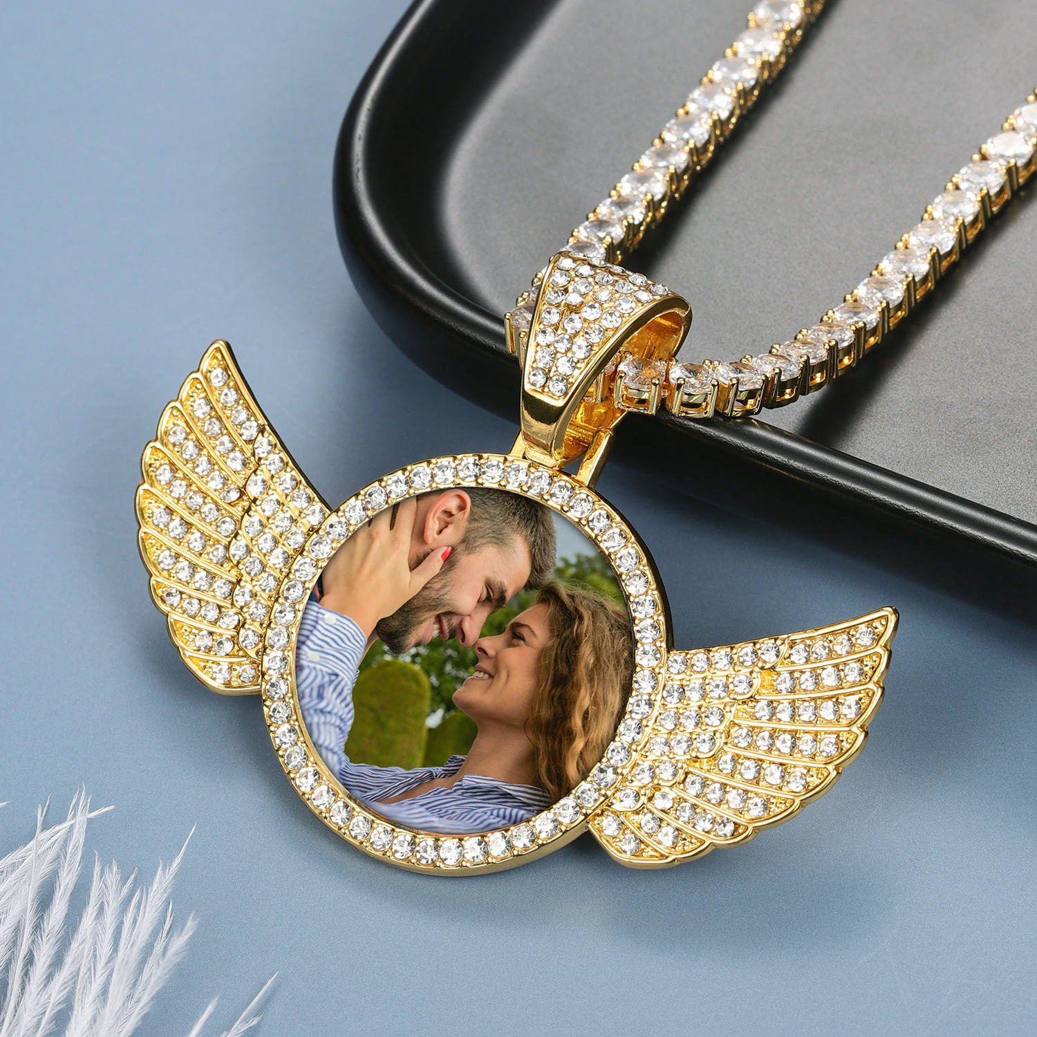 memories iced out shine bling angel wings loved ones photograph image custom bespoke jewelry necklace