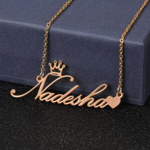 rose gold color personalized heart crown name necklace for women wife