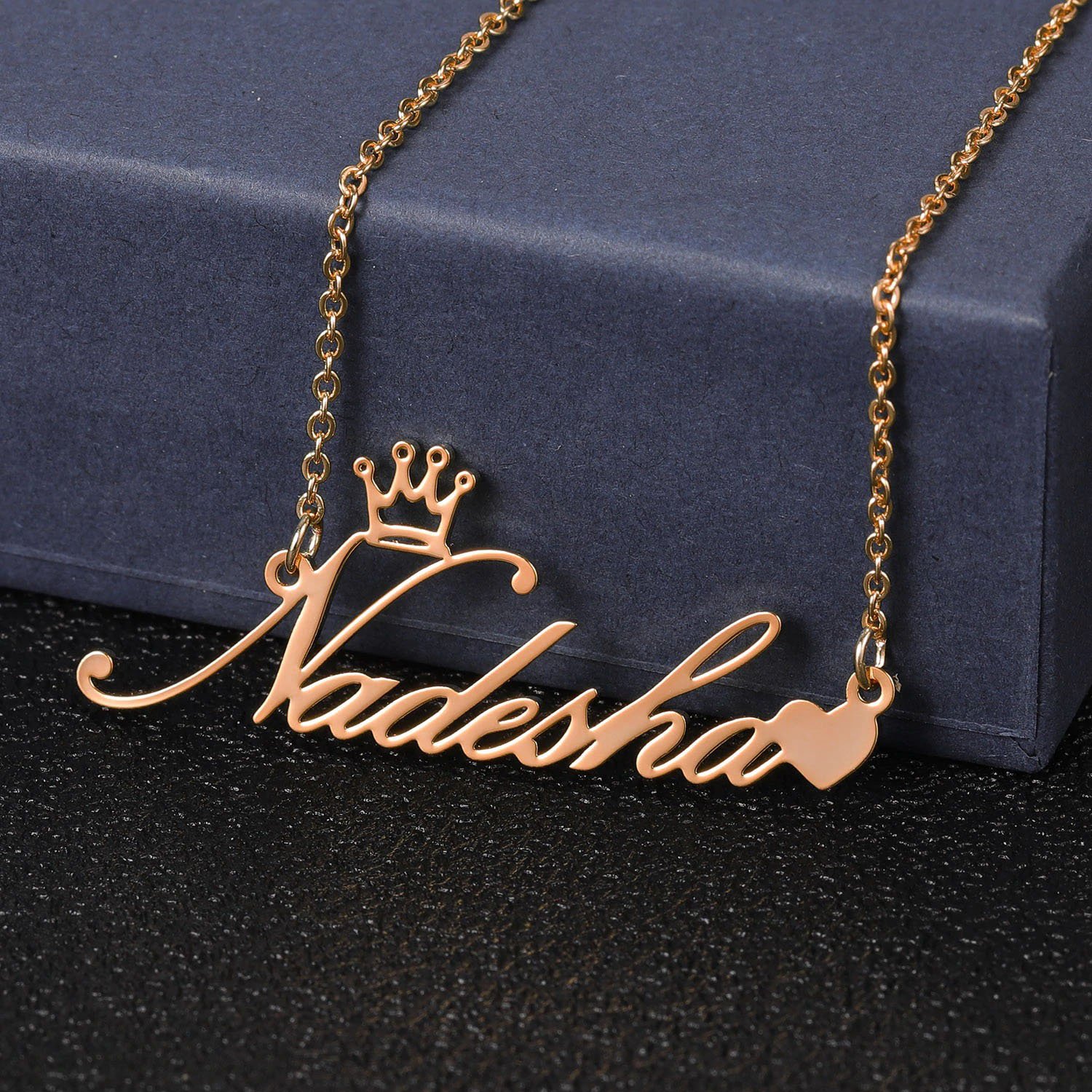 rose gold color personalized heart crown name necklace for women wife