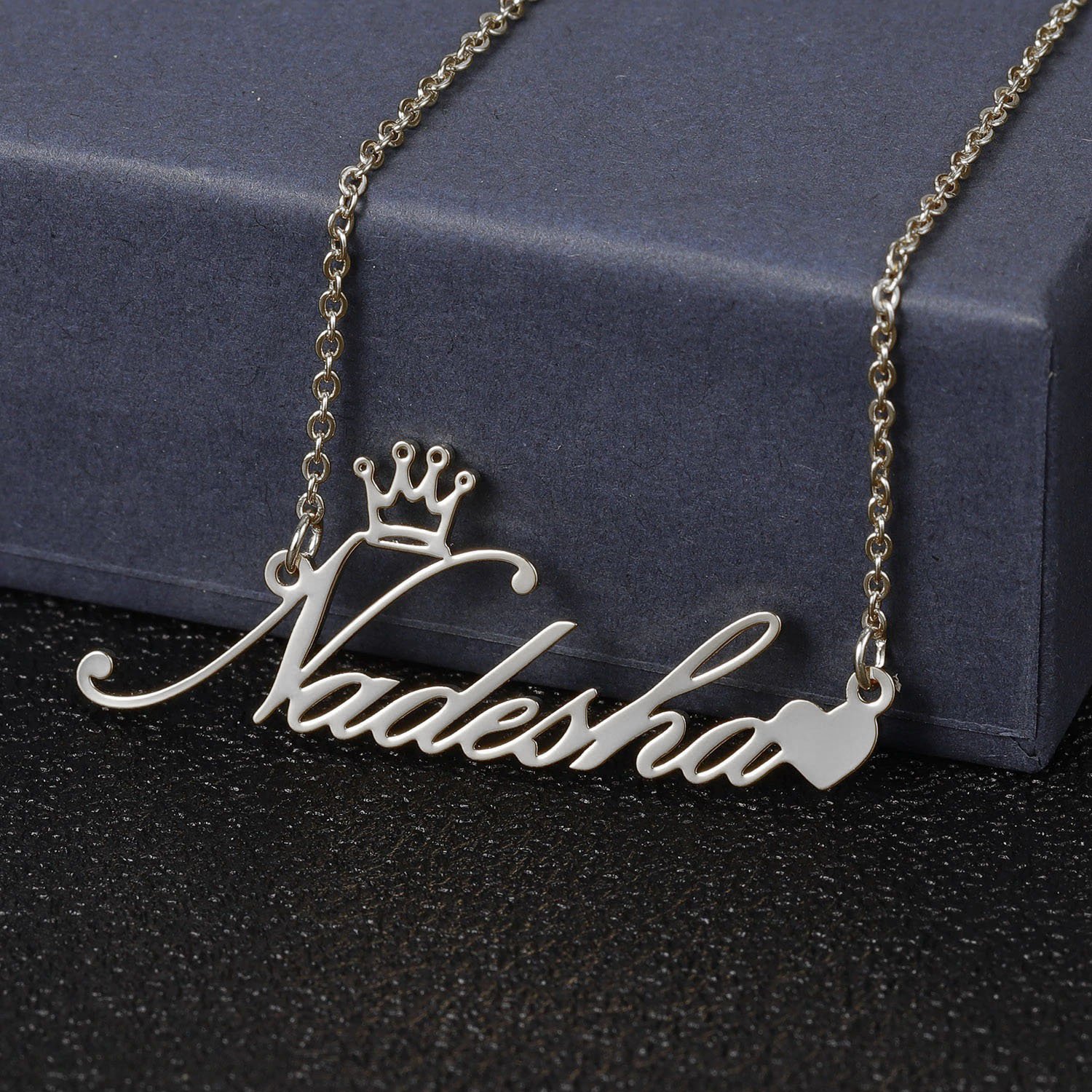 silver color personalized crown name necklace with a heart symbol