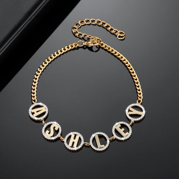Personalized name bracelet zircon letter bracelet gold stainless steel jewelry for women customized round custom circle letter bangle for girlfriend