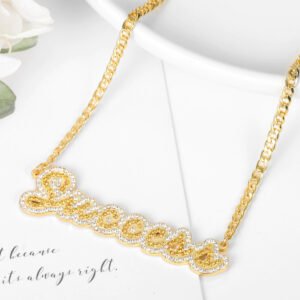 two tone crystal cz iced out name necklace for women in gold color