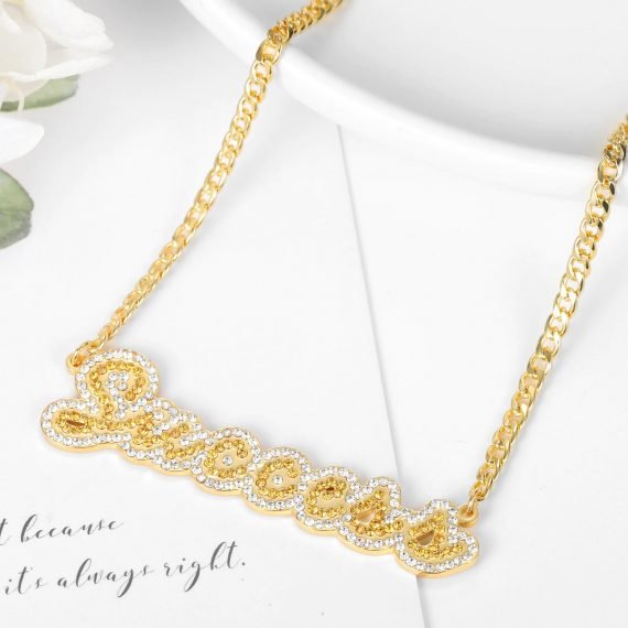 two tone crystal cz iced out name necklace for women in gold color