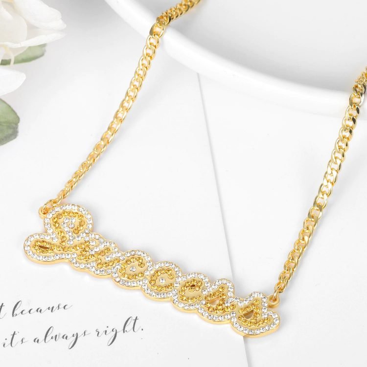 two tone crystal cz iced out name necklace for women in gold color