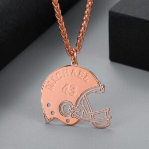 Rose Gold Custom Made American Football Player Helmet Name Necklace Player Number Necklace Personalized Bespoke Jewelry Designs For Men