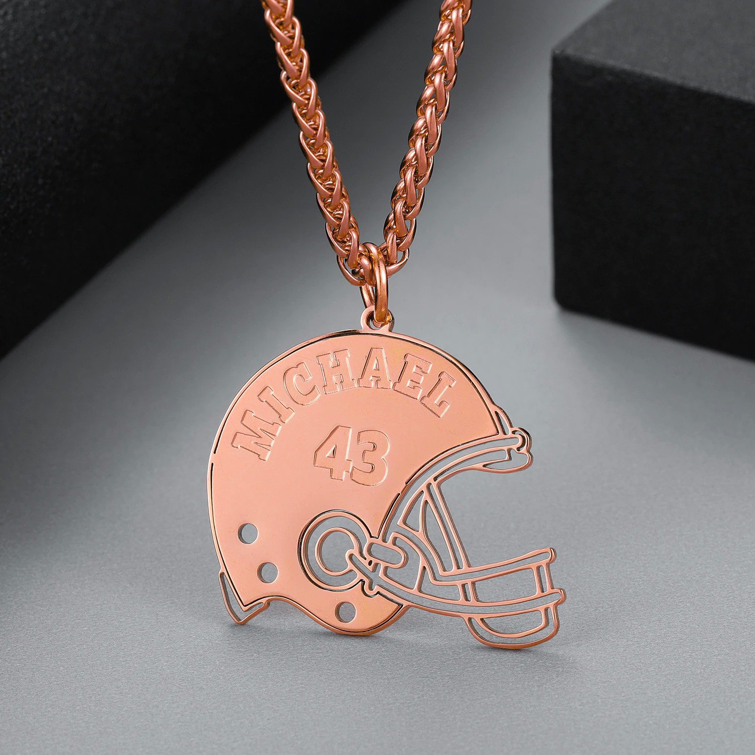 Rose Gold Custom Made American Football Player Helmet Name Necklace Player Number Necklace Personalized Bespoke Jewelry Designs For Men