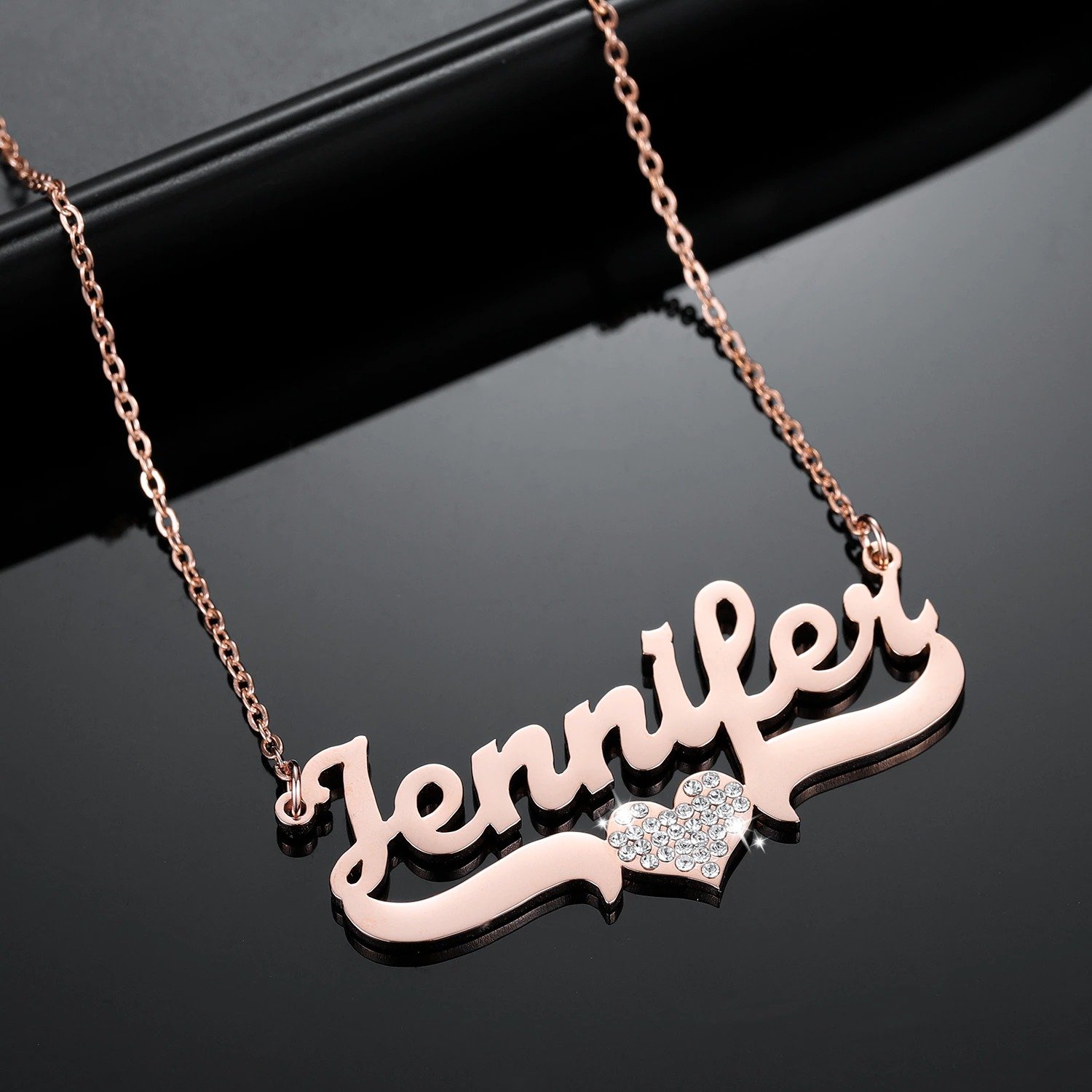 Rose Gold Custom Name Necklace For Women Bling Heart Pendant Name Necklace Bespoke Jewelry Design For Young Ladies