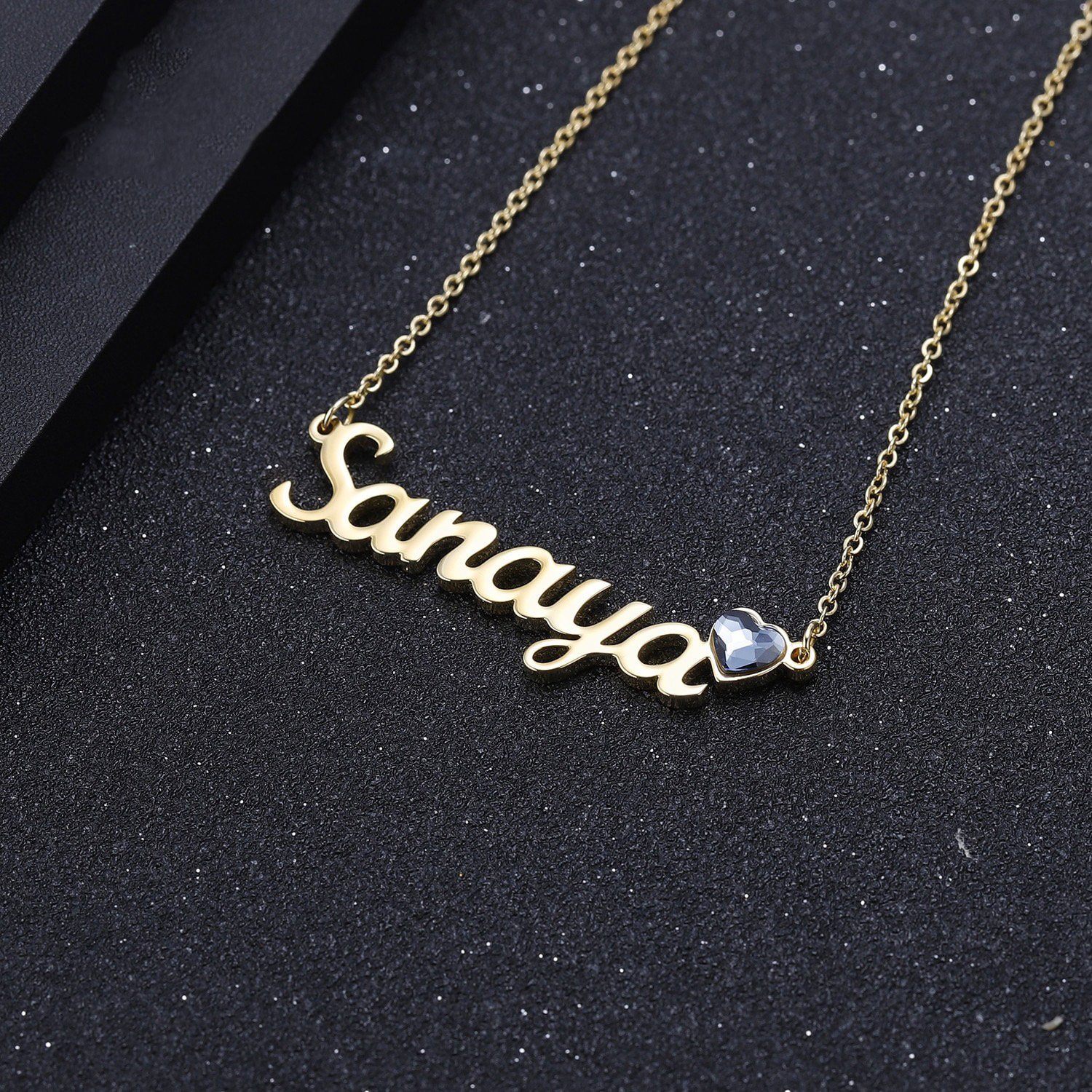 Gold Color Plated Custom Single Name Necklace With Birth Month Stone For Women Premium Quality Personalized Jewelry For Ladies Simple Link Chain Necklace With Shimmer For Casual Outfits