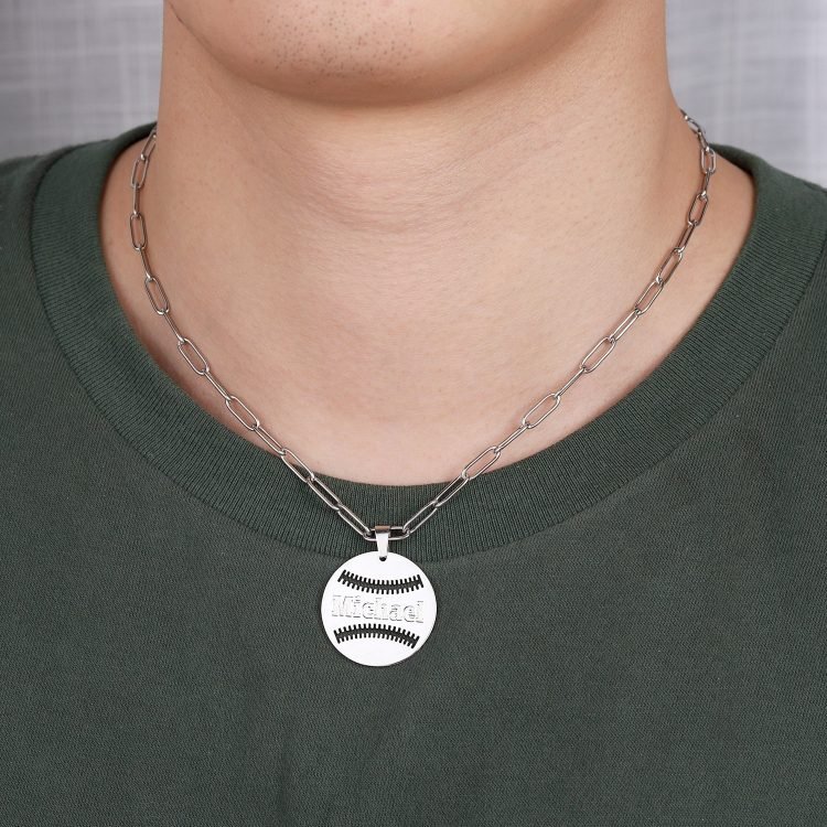 Custom Baseball Name Necklace High Quality Baseball Ball Name Necklace Personalized Name Chain Paperclip Chain Simple Pendant Engraved Name And Player Number