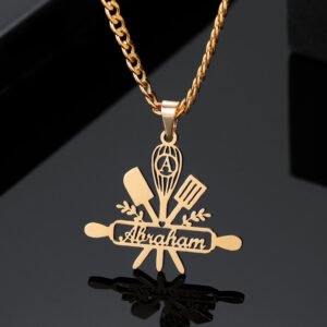 Gold Color Plated Custom Name Necklace Personalized Pastry Equipment Pendant Name Necklace For Pastry Chefs Custom Name Necklace For Pastry Chefs Stainless Steel Name Necklace
