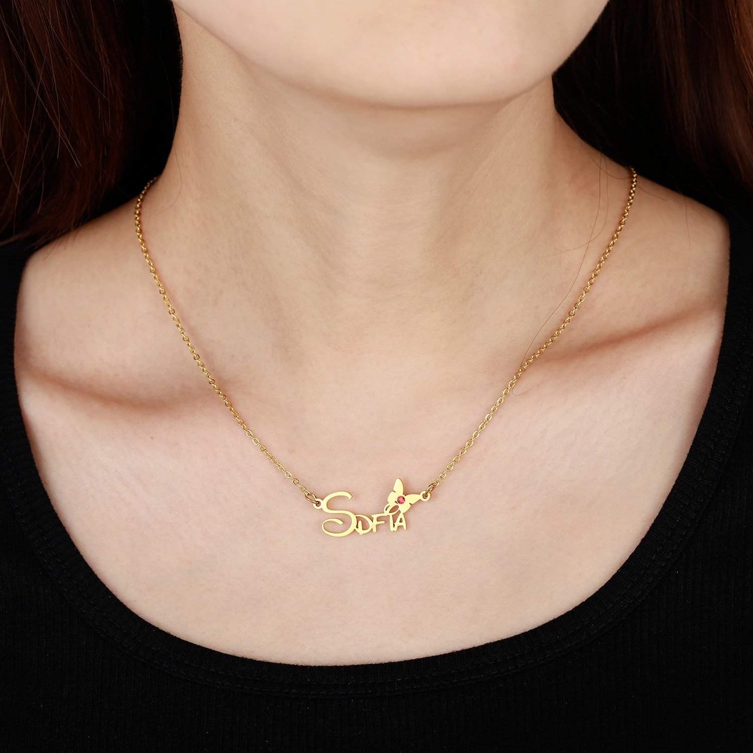 Personalized Minimalist Style Custom Name Necklace Cursive Font Nameplate Necklace For Women Custom Birth Month Stone Name Necklace For Women High Quality Name Necklace For Women