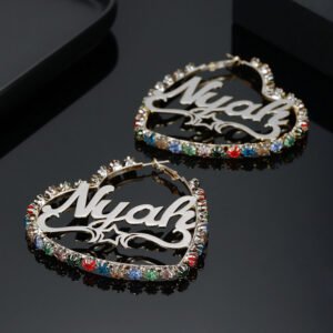 Nice Looking Custom Made Silver Color Plated Name Earrings For Women Minimalist Name Earrings High Quality Stainless Steel Name Earrings For Party Outfits Rhinestone Name Earrings