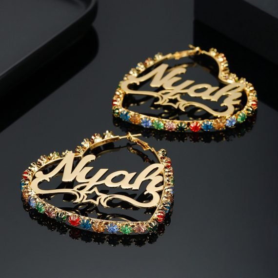Personalized Custom Made Heart Shaped Hoop Earrings For Women Rhinestone Outlined Bling Name Jewelry For Ladies Party Outfits Fancy Name Earrings In Heart Shape Women's Jewelry