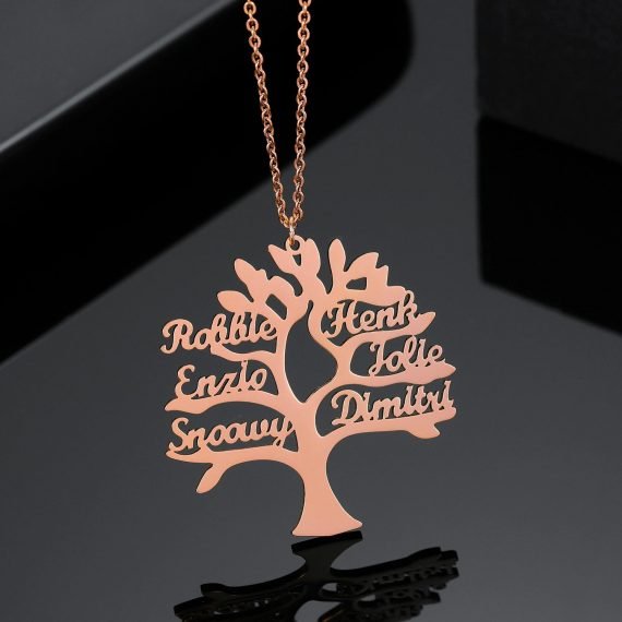 Rose Gold Color Plated Custom Made Tree Of Life Name Necklace With Father Mother Sister Brother Names As A Christmas Gift To Grand Mother Personalized Multiple Names Pendant Necklace