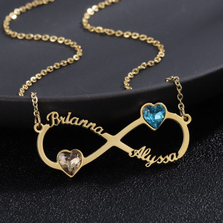 Gold Color Plated Couple Names Two Birthstone Infinity Pendant Necklace For Women High Quality Personalized Bling Jewelry For Ladies Casual Jewelry With Name And Birth Month Stone