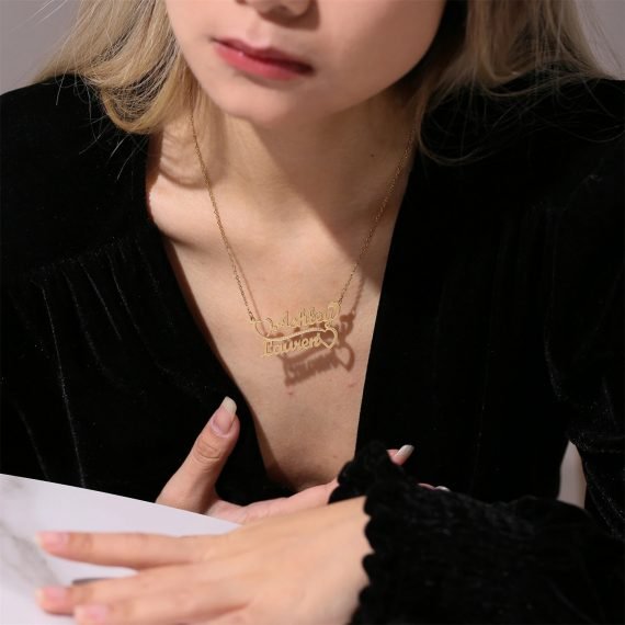 Professional Looking Custom Made Two English Dual Names Necklace Personalized Necklace With Names For Stainless Steel Jewelry Lovers Premium Quality Jewelry With Couple Heart Pendant