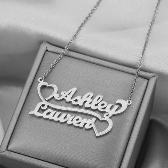 Silver Color Plated Simple Looking Custom Made Two English Names Necklace Personalized Name Charm For Stainless Steel Casual Jewelry Lovers Premium Quality Jewelry With Couple Heart Pendant